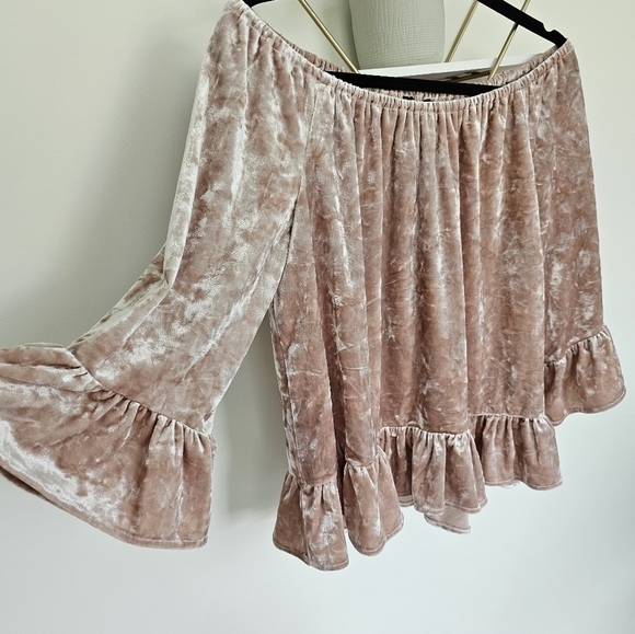 Anthropologie Sanctuary Julia Pink Crushed Velvet Romantic Off the Shoulder Top - Picture 3 of 8